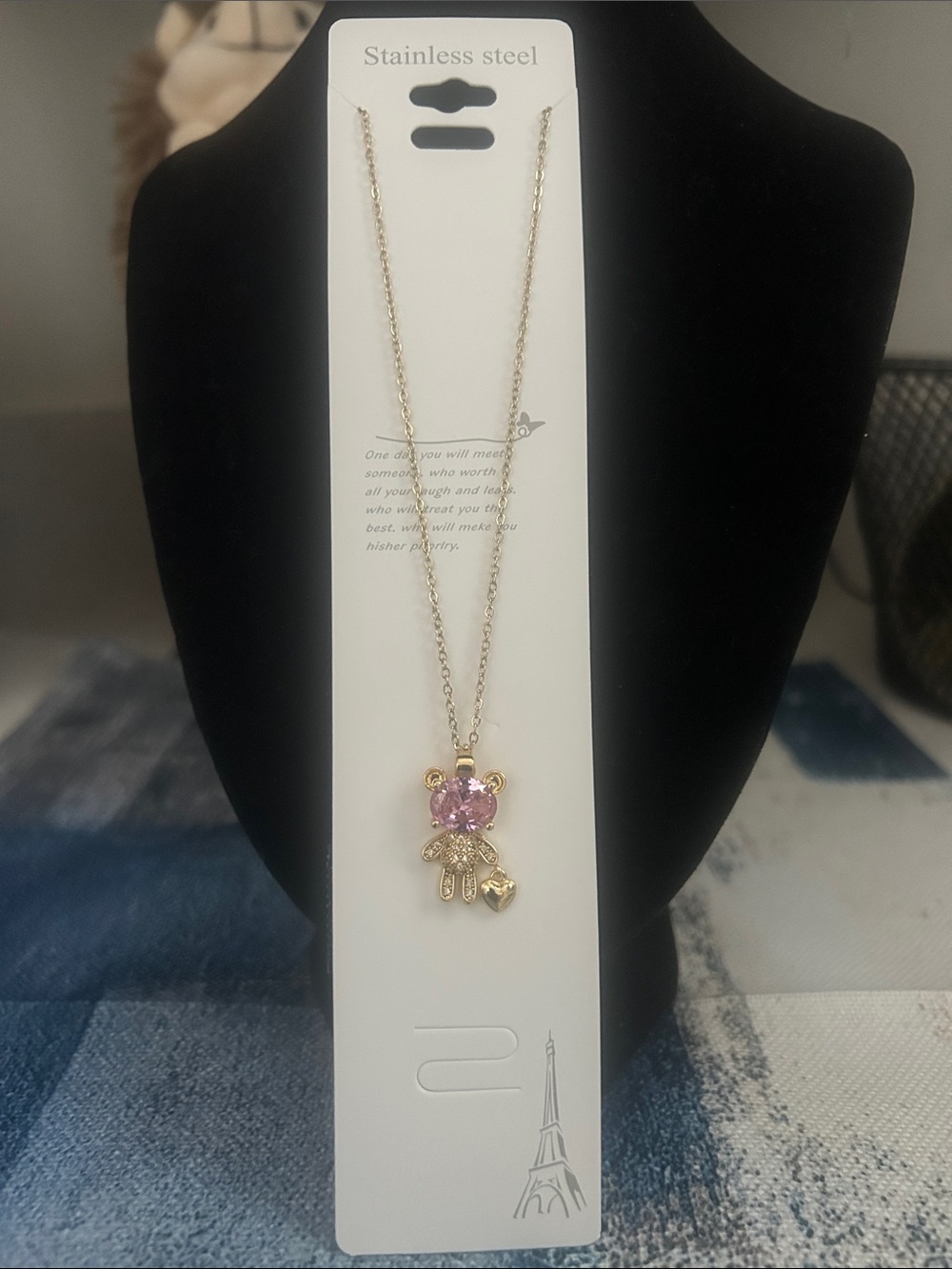 Gold-Tone Teddy Pendant Necklace with Pink Crystal - Stainless Steel